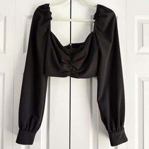 NWT Forever 21 Black Cropped Top Puff Long Sleeve Ruched Front Square Neck L Y2K